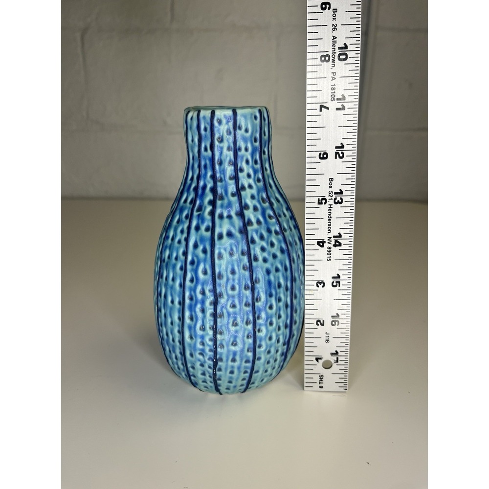 Textured Teal Blue Vase Stripe Thailand Bud Vase 7" Cactus Boho Southwestern‎ - Picture 6 of 7